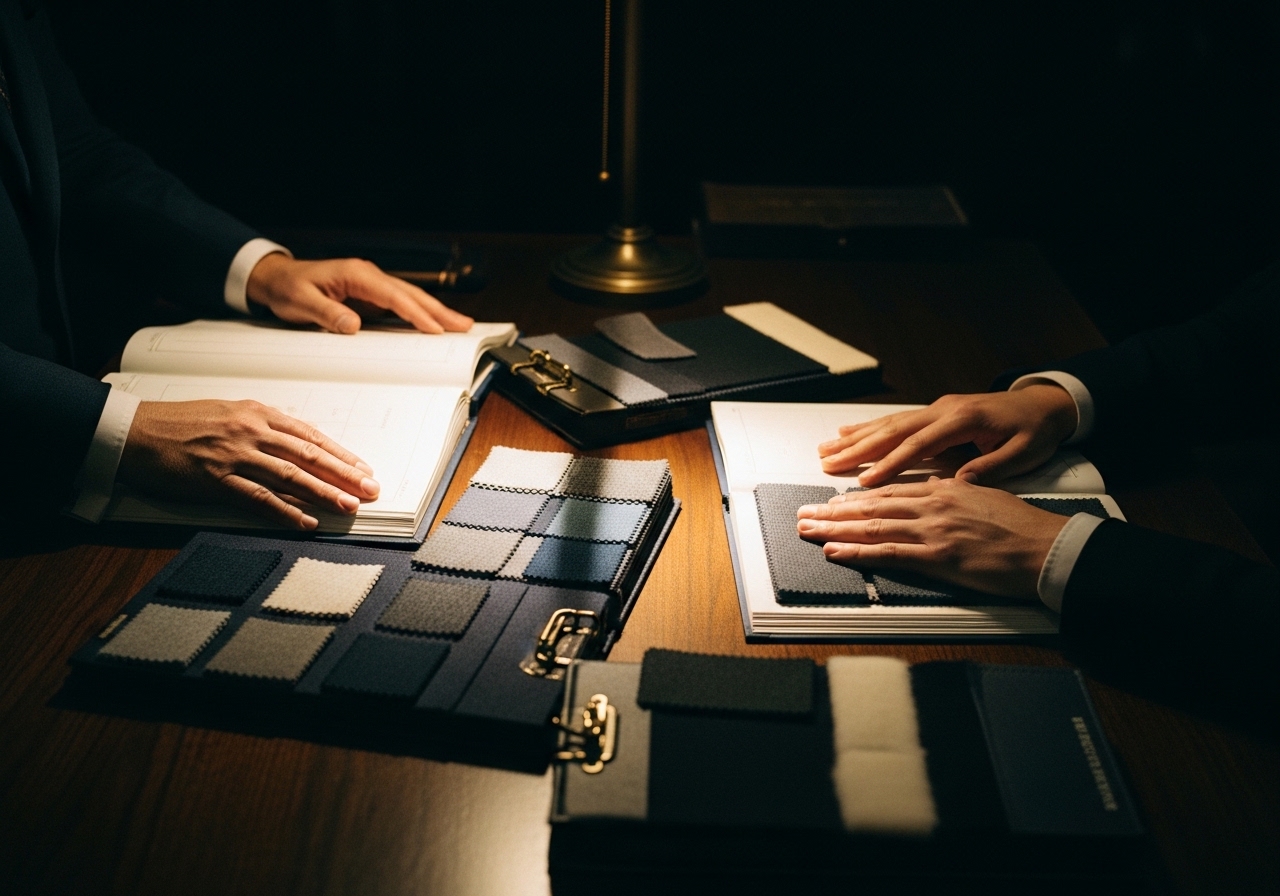 Tailor and client reviewing fabric swatches together — bespoke tailoring consultation at The Black Lapel, Adyar Chennai