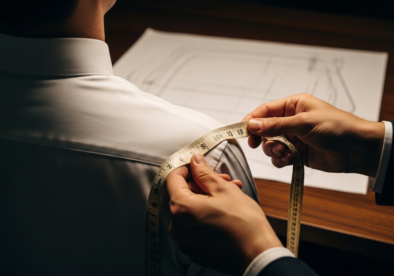 Tailor measuring across a client's shoulder with a linen tape — pattern drafting, The Black Lapel, Adyar Chennai