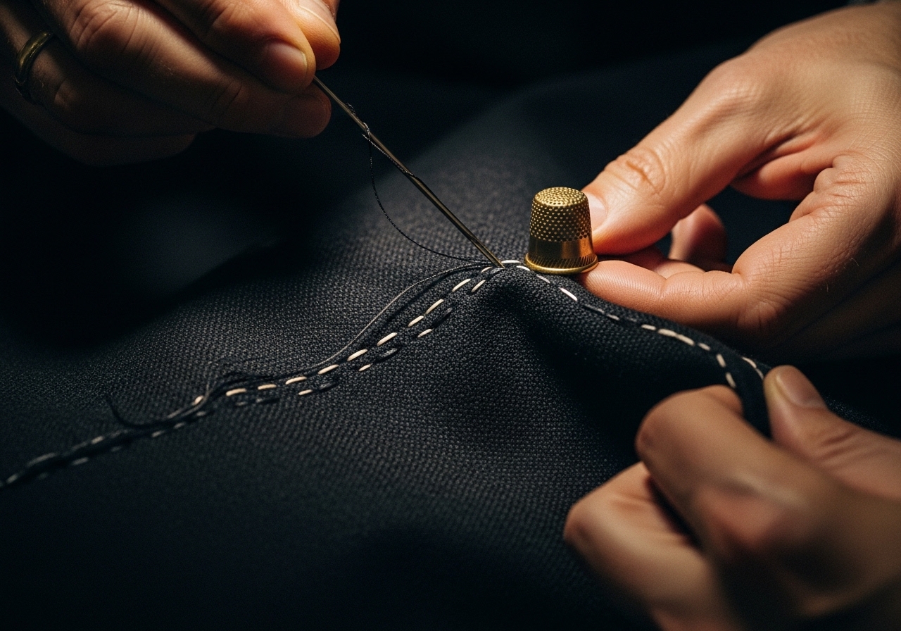 Close-up of hand-stitching with needle and brass thimble through dark worsted cloth — bespoke tailoring, The Black Lapel, Adyar Chennai