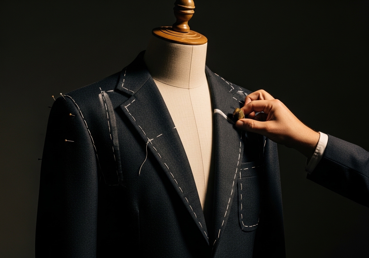 Half-made basted jacket on a tailor's form with chalk marks and pins — fitting stage, The Black Lapel, Adyar Chennai