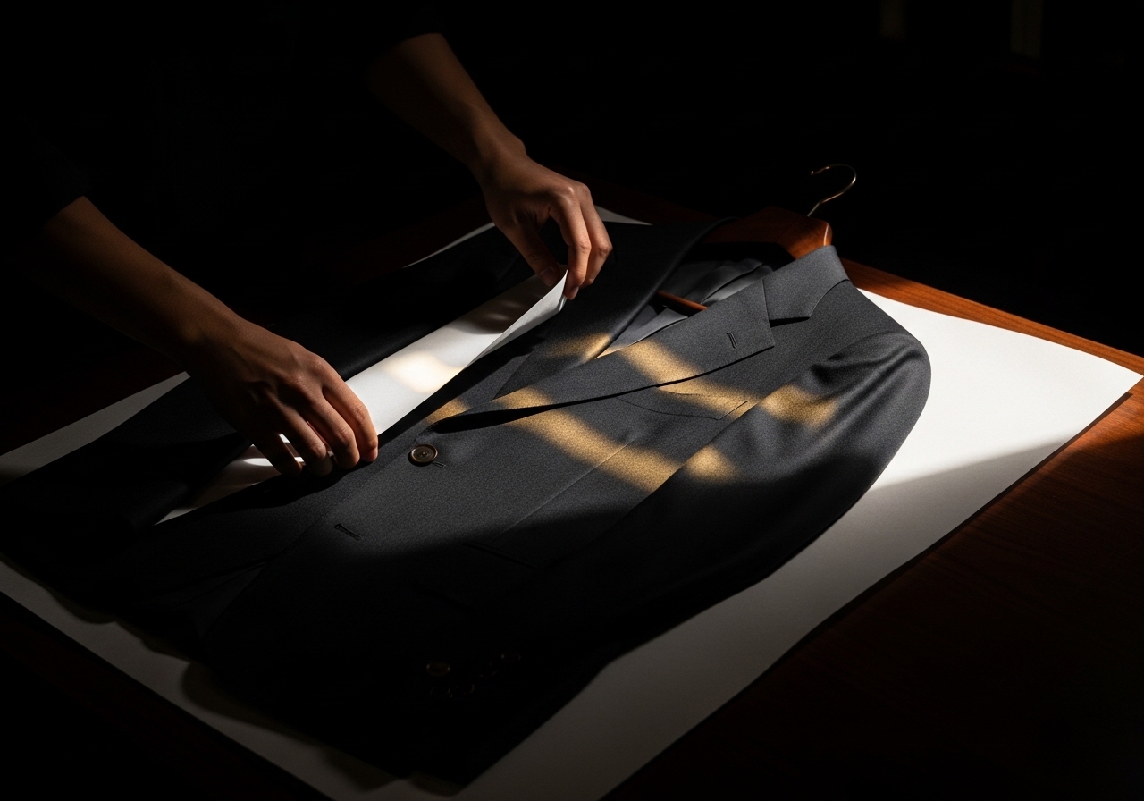 Finished bespoke suit jacket pressed and wrapped in tissue paper — delivery, The Black Lapel, Adyar Chennai